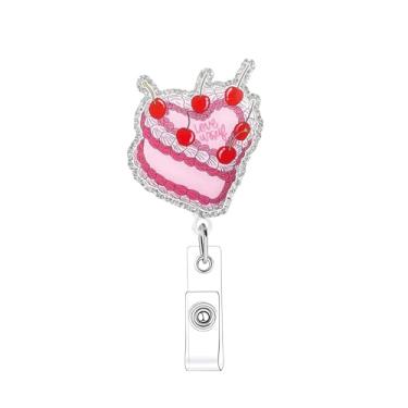 Imagem de Carretel de crachá de dia dos namorados para enfermeira médica coração bolo com design de cereja retrátil jacaré acrílico clipe para crachá de inverno para enfermeiras, médicos, professores