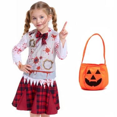 Imagem de Zombie Costume School Uniform Bloody with Pumpkin Tote Bags Scary Horror Disguise for Halloween Party (Large)
