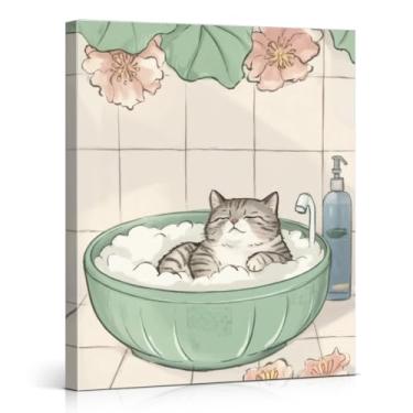 Imagem de Linda impressão de arte de parede de gato japonês para banheiro imagem engraçada de gato tomando banho imagem estética decoração de parede para banheiro 20 x 25 tela emoldurada