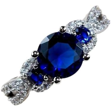 Imagem de Anéis de noivado de zircônia cúbica azul folheados a ouro branco, alianças de compromisso, festas noturnas, presentes de dia dos namorados, alianças de eternidade para mulheres, 10, Cobre, Sem pedra