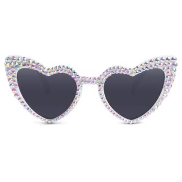 Imagem de Óculos de sol de coração para mulheres, óculos de sol bonitos e clássicos com proteção para os olhos, Strass branco, Grey lenses