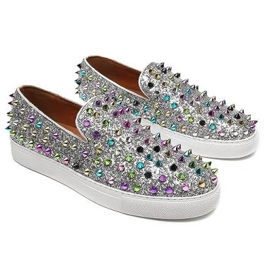 Imagem de Erphpre Paul Mocassins masculinos cravejados para festas de casamento, formatura, moda, rebites, Prata, 45