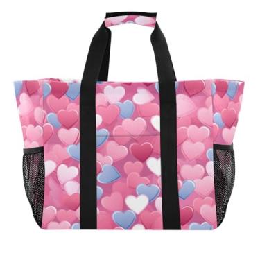 Imagem de Wassud Sacolas de compras reutilizáveis de corações azuis e fofos, bolsa grande, impermeável, organizadora de lona para praia, piquenique, lavanderia, viagem