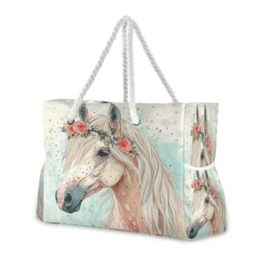Imagem de Wassud Bolsa de praia feminina grande com cavalo com guirlanda, impermeável, à prova de areia, bolsa de viagem com zíper e bolso para piscina, academia, acampamento