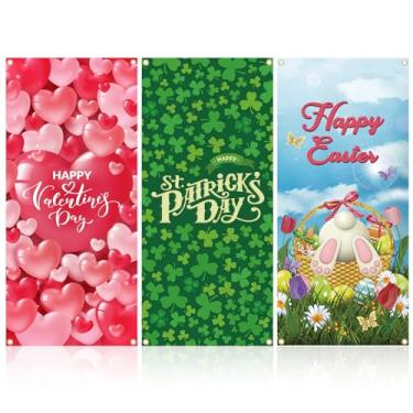 Imagem de Preboun 3 peças de capa de porta de dia dos namorados banner dia de São Patrício capa de porta de Páscoa fundo de entrada para decoração de férias internas de casa