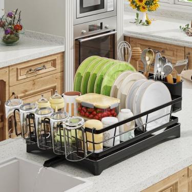 Imagem de Ekisemio Escorredor de pratos, escorredor de pratos antiferrugem para balcão de cozinha, escorredor de pratos de grande capacidade com talheres e suporte de copo, 30 cm P x 38 cm C, aço inoxidável