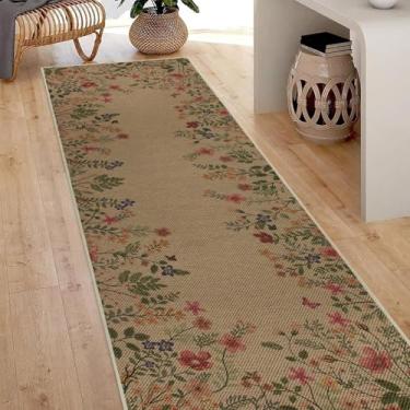 Imagem de Albodanl Tapete botânico floral fácil de juta 5 x 15 cm, tapete de cozinha antiderrapante lavável para entrada de corredor, tapete floral neutro para ambientes internos e externos para pátio, quarto