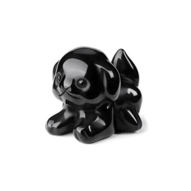 Imagem de MANIFO Presente de estatueta de cachorro de cristal obsidiana preto, estátua de cachorro de pedra preciosa fofa para decoração de escritório em casa, presente de filhote de cachorro de cristal de 3,8