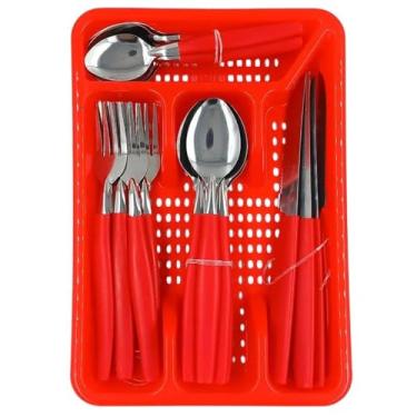 Imagem de Jogo de Faqueiro 25 Peças com Porta Talher Vermelho, 6 Garfos, 6 Colheres, 6 Facas, 6 Colheres de Chá, Organizador