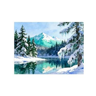 Imagem de Arte de parede paisagem imagem em tela - neve montanha floresta lago decoração moderna pintura impressão para sala de estar quarto 60 x 80 cm 24 x 31 pol sem moldura