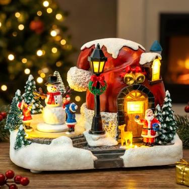 Imagem de XPSCOCO Decoração de vila de Natal musical iluminada mágica de 14 cm - Cena de oficina do Papai Noel alimentada por USB para alegria de mesa de Natal