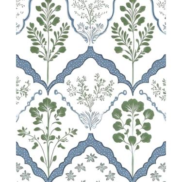 Imagem de Papel de parede vintage descasque e cole, papel de contato floral geométrico branco/verde/azul, papel de parede minimalista botânico autoadesivo removível à prova d'água para prateleira de quarto