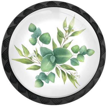 Imagem de Artinhand Pacote com 4 maçanetas de armário de folhas e ramos de eucalipto verde aquarela puxadores de gaveta redondos puxadores de armário preto puxadores de porta de armário ferragens para armários