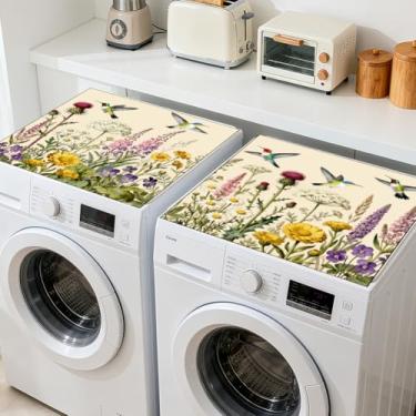 Imagem de GLOBLELAND 2 peças de capa protetora para máquina de lavar e secar flores silvestres 60 × 23 cm, almofadas protetoras superiores de máquina de lavar flores e pássaros antiderrapantes para lavanderia