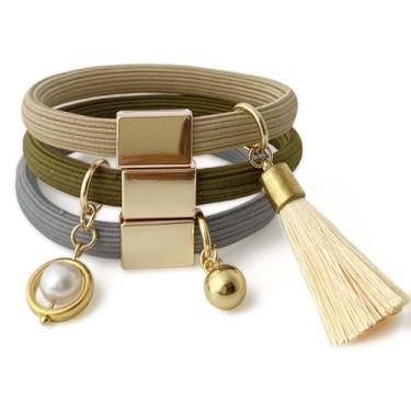 Imagem de Pulseiras femininas de cabelo encaracolado grosso, suportes de rabo de cavalo de 8 mm de espessura, laços de cabelo com berloque dourado, faixas de cabelo elásticas fofas para meninas, macias, não