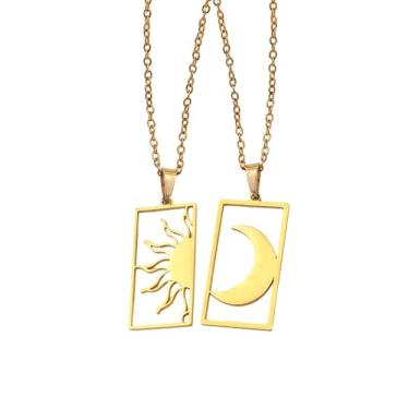 Imagem de HWJQ Colar de sol combinando para 2 colares retangulares de sol, sol, pôr do sol, nascer do sol, gargantilha dourada para casal, joias da amizade, presentes de Dia dos Namorados, Middle, Aço