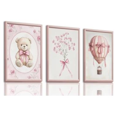 Imagem de 3 peças de arte de parede rosa para quarto de bebê menina pôsteres de decoração de parede de berçário com urso de pelúcia balões de ar quente flores e arcos imagens em tela fofas para quarto de