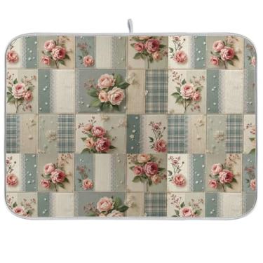 Imagem de Tapetes de secagem rápida, tapete de café de microfibra de patchwork floral, escorredor de pratos reversível, protetor de bancada de cozinha, 45 x 61 cm