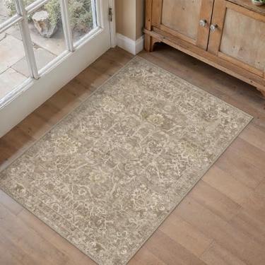 Imagem de HUGEAR Tapete de entrada 2x3 marrom claro pequeno lavável à máquina tapete de porta floral vintage tapete de pilha baixa aspirável envelhecido tapete de entrada cozinha banheiro quarto antiderrapante