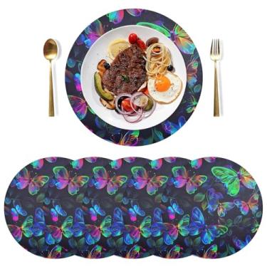Imagem de Conjunto de 6 tapetes redondos azuis neon borboletas laváveis, 38 cm, jogo americano de jantar de PVC, para mesa de jantar, mesa de cozinha