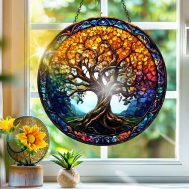 Imagem de Acrílico colorido, apanhador de sol, árvore da vida, decoração de janela pendurada, arte de parede de arco-íris, para varanda, interior e exterior, jardim, enfeites de Natal, decoração 19 x 19 cm, CH