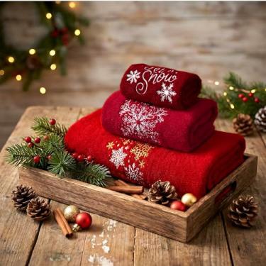 Imagem de VitalCozy Conjunto de 3 toalhas de banheiro de Natal 100% algodão com 1 toalha de banho, 1 mão, 1 pano de lavagem bordado de algodão decorativo para cozinha, banho, louça, limpeza (floco de neve)
