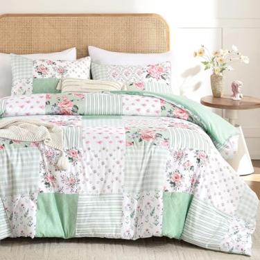 Imagem de YIKUSH Conjunto de edredom completo – Conjunto de cama aconchegante com estampa floral verde e primavera, tamanho Queen, 3 peças para todas as estações, 1 edredom (200 x 228 cm) e 2 fronhas (51 x 66