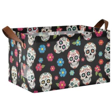 Imagem de Caixas de armazenamento dobráveis pretas com caveiras de açúcar para armazenamento de quarto, cesta de armazenamento de cobertor para armazenamento doméstico e organização 17 x 29 x 25 cm, 1 pacote