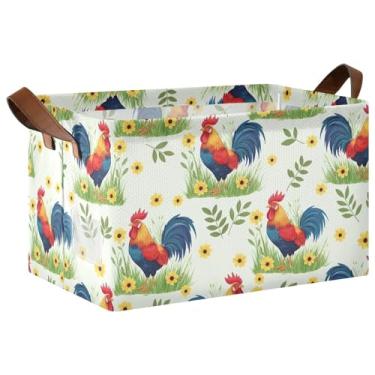 Imagem de Cestas de armazenamento decorativas Roosters Green Grass com alças, cesta grande para armazenamento e organização do quarto 17 x 29 x 25 cm, 1 pacote