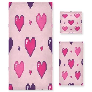 Imagem de Wassud Conjunto de 3 toalhas de banho Valentines Pixel Hearts, toalhas super macias e absorventes para banheiro, toalhas de banho de secagem rápida, toalha de banho para academia, spa, hotel