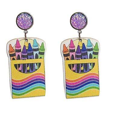 Imagem de Brincos fofos de professores de giz de cera para mulheres e meninas, feitos à mão, engraçados, cadernos de madeira, brincos de leitura de acrílico leve e arco-íris, presentes, Madeira Resina, Ágata