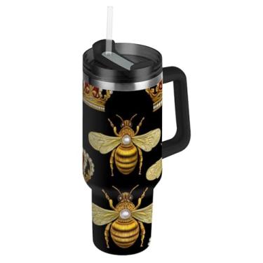 Imagem de Copos de aço inoxidável com tampa e canudos Abelhas Douradas Coroas Reais Caneca de Café Quente Preta para Carro Adultos Copo de 850 g com Alça Garrafas de Água Isoladas