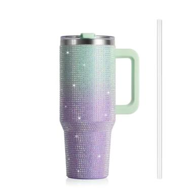 Imagem de Copo Térmico Inox com Diamantes 1182ml, Anti-Vazamento com Tampa e Canudo(Verde roxo)