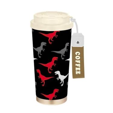 Imagem de TSENQUE Copo de café de 473 ml com tampa de canudo e filp, canecas de café de parede dupla isoladas a vácuo com revestimento cerâmico, vermelho, cinza, dinossauro, preto