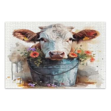 Imagem de Quebra-cabeça pintura aquarela de vaca com flores 500 peças adulto, quebra-cabeças exclusivos, noite de jogo