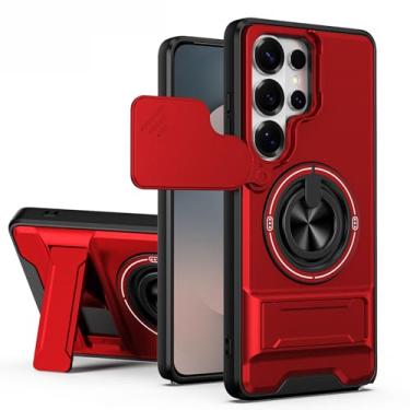 Imagem de LTLMYDAM Capa militar para Samsung Galaxy S25 Ultra/S25 Plus/S25, proteção de câmera giratória, anel magnético fino, capa de suporte, vermelha, S25 Plus