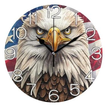 Imagem de GAIGEO Relógio de parede analógico decorativo redondo sem tique-taque silencioso relógio de cozinha rústico, retrô moderno art déco decoração de parede águia careca bandeira americana, 25 cm