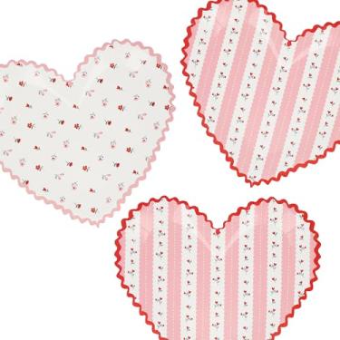 Imagem de Meri Meri Pratos vintage de coração rosa (pacote com 8), pratos de festa do dia dos namorados, pratos de papel grosso e sturday, pratos descartáveis vermelhos e rosa, 2 designs diferentes, 21,6 cm x