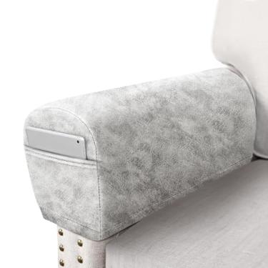 Imagem de ANARACHON Conjunto de 2 capas de braço de sofá de couro para sofá, cadeira, protetores de braço, capas elásticas para poltrona, com bolsos, tecido de elastano lavável (grande, bege)