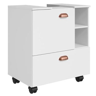 Imagem de Gabinete Armário Banheiro Pia Coluna Seul com Rodízios 2 Compartimentos, Armazenamento Fácil, Design Compacto para Banheiro e Lavabo Famílias e Apartamentos(Branco)