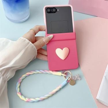 Imagem de Capa com alça de pulso colorida rosa arco-íris para Samsung Galaxy Z Flip 7 Fe 6 4 3 5g, capa fosca com estampa de coração 3D (para Galaxy Z Flip 5/Rosa)