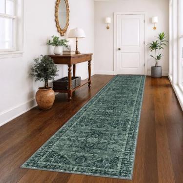 Imagem de KOZYFLY Corredores para corredores 8 x 3,5 m, extra longo, lavável, lã sintética, tapete de corredor impresso para entrada, quarto, escadas, cozinha, piso, destaque, verde escuro