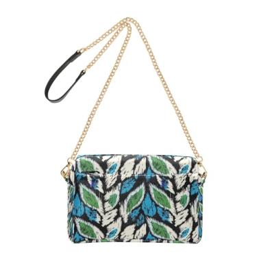 Imagem de Joitme Bolsa feminina transversal para celular artística Ikat azul folha verde PU bolsa de ombro com alça de corrente