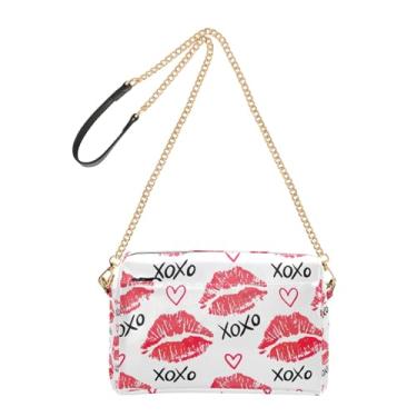 Imagem de Joitme Bolsa feminina vermelha branca com batom Kisses bolsa transversal para celular bolsa de ombro de couro PU com alça de corrente