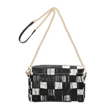 Imagem de Joitme Bolsa feminina transversal preta branca xadrez abstrata bolsa para celular couro PU alça de corrente