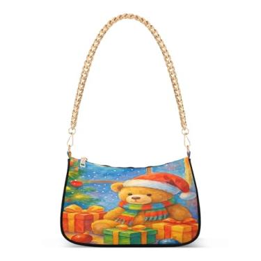 Imagem de Bolsa de ombro aconchegante com corrente colorida de ursinho de pelúcia de Natal, linda bolsa Hobo média para mulheres, bolsa com estampa artística para festa à noite ou uso diário