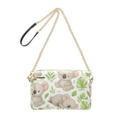 Imagem de Joitme Linda bolsa tiracolo feminina com estampa de coalas e folhas verdes de couro sintético com alça de corrente