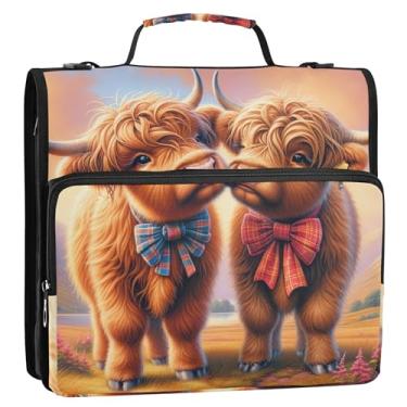 Imagem de Fichários de 3 anéis resistentes para dia dos namorados Highland Cow Mate organizador de fichário escolar com alça de ombro portfólio de desenho animado e estojo suporte de pasta de anel