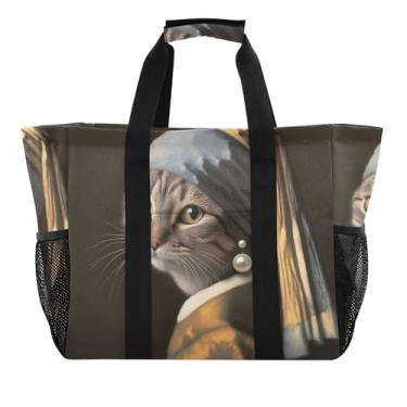 Imagem de Sacola divertida com estampa de arte de gato, bolsa para barco, grande, dobrável, brinquedos, piquenique, cozinha, reutilizável, supermercado, toalha, floral, praia, bolsas para mulheres, fofas