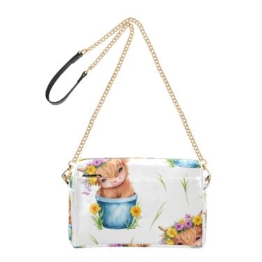 Imagem de Joitme Bolsa feminina com desenho animado de vaca Highland, bolsa tiracolo de couro PU, bolsa de ombro com alça de corrente para celular